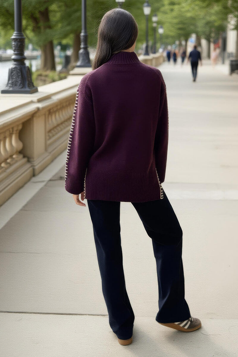 Burgundy Mock Neck Blanket Stitch Detail Jumper Burgundy Mock Neck Blanket Stitch Detail Jumper
