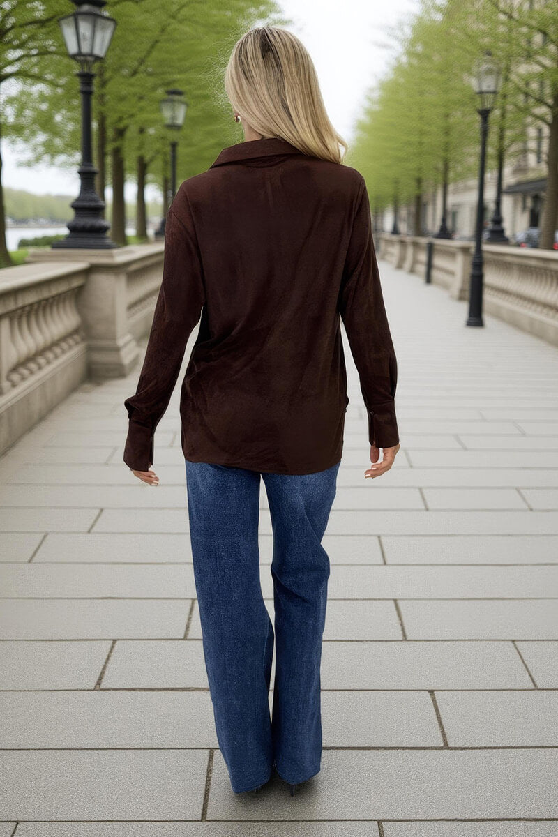 Chocolate Faux Suede Long Sleeve Utility Shirt Chocolate Faux Suede Long Sleeve Utility Shirt