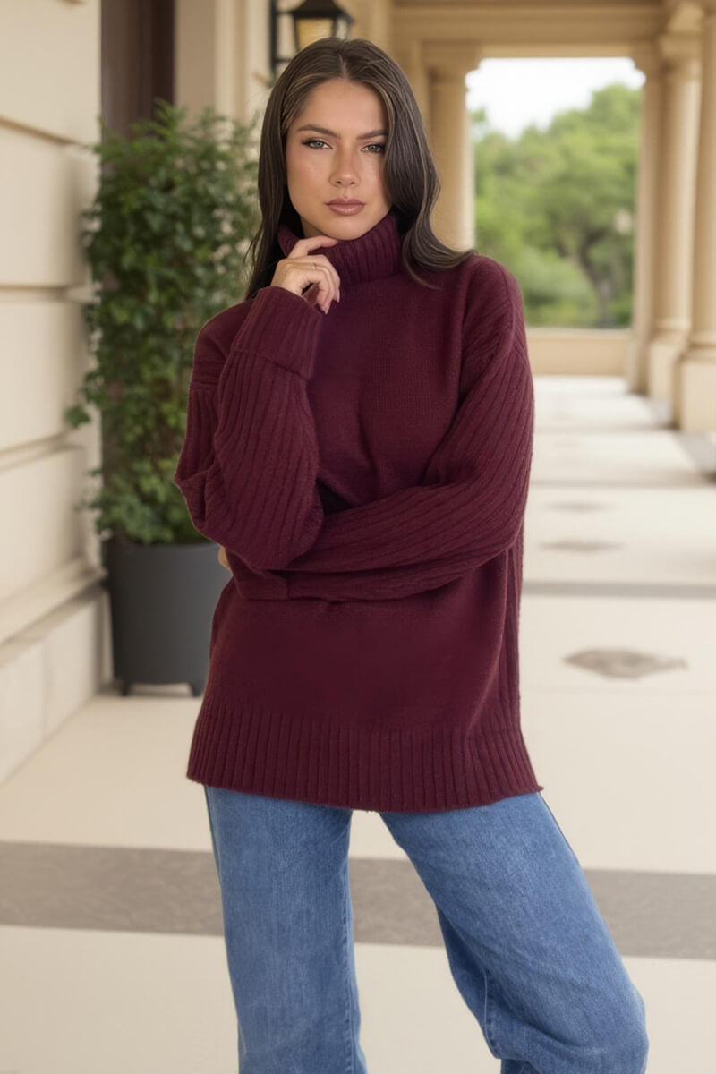 Burgundy Roll Neck Rib Detail Jumper Burgundy Roll Neck Rib Detail Jumper
