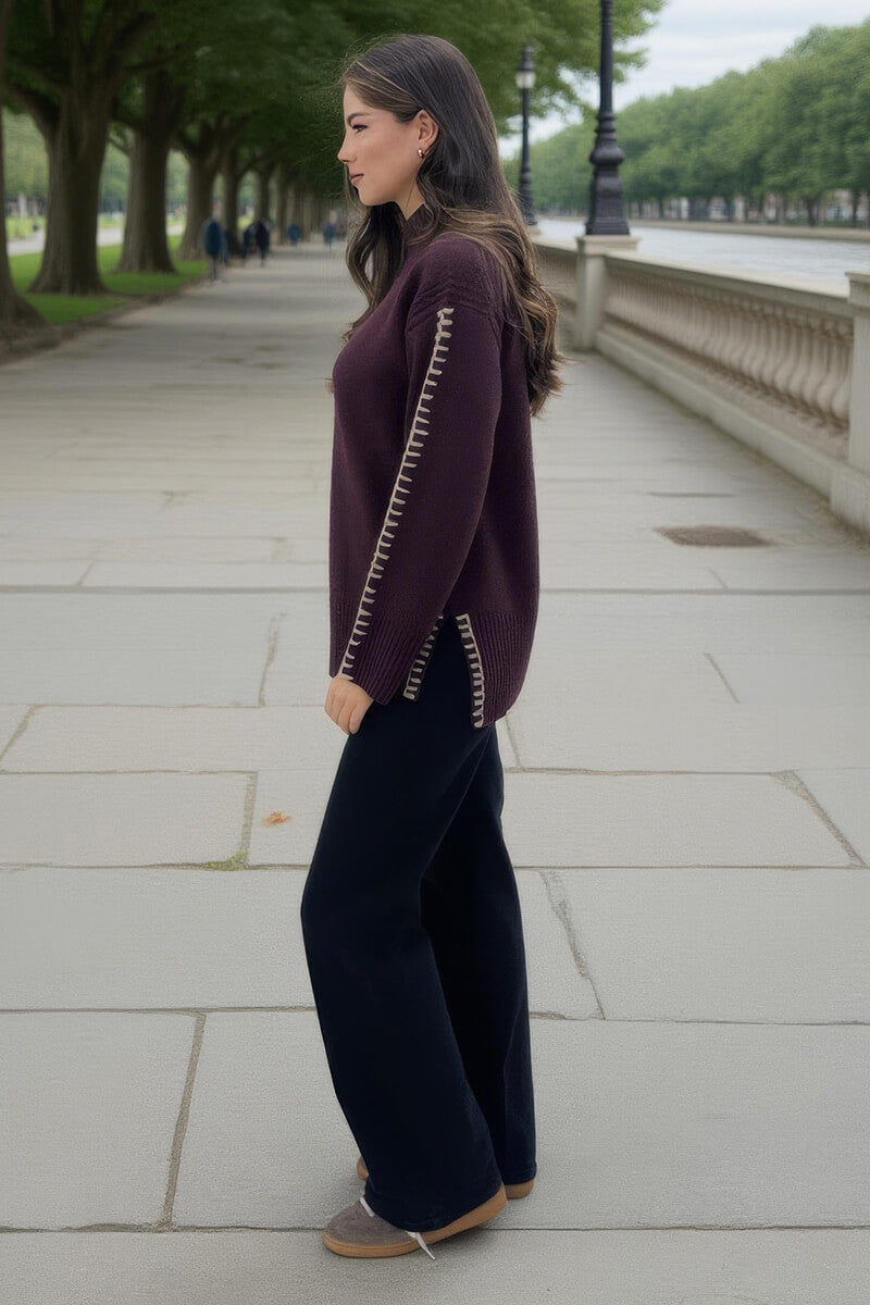 Burgundy Mock Neck Blanket Stitch Detail Jumper Burgundy Mock Neck Blanket Stitch Detail Jumper