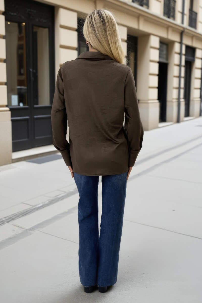 Khaki Faux Suede Long Sleeve Utility Shirt Khaki Faux Suede Long Sleeve Utility Shirt