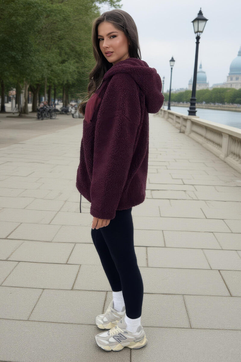 Burgundy Pocket Detail Hooded Teddy Jacket Burgundy Pocket Detail Hooded Teddy Jacket