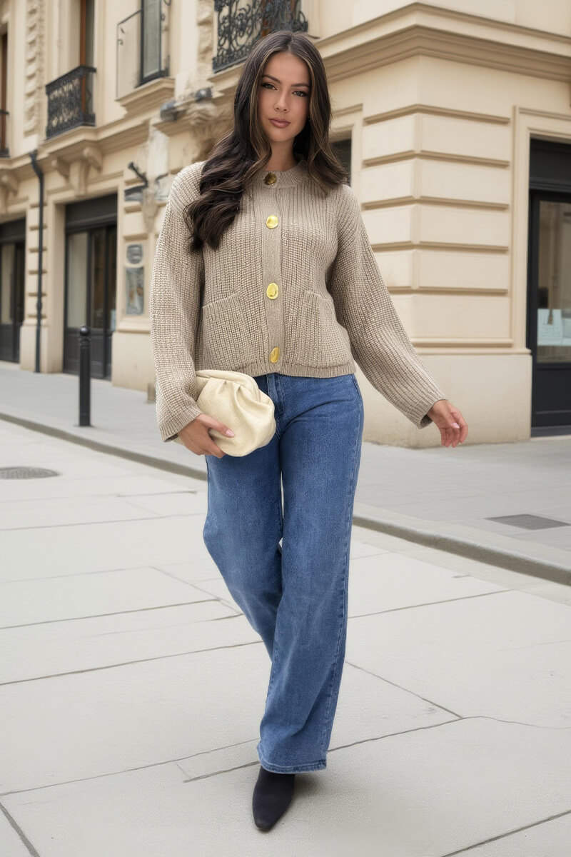 Oatmeal Knitted Gold Button Front Cardigan Oatmeal Knitted Gold Button Front Cardigan