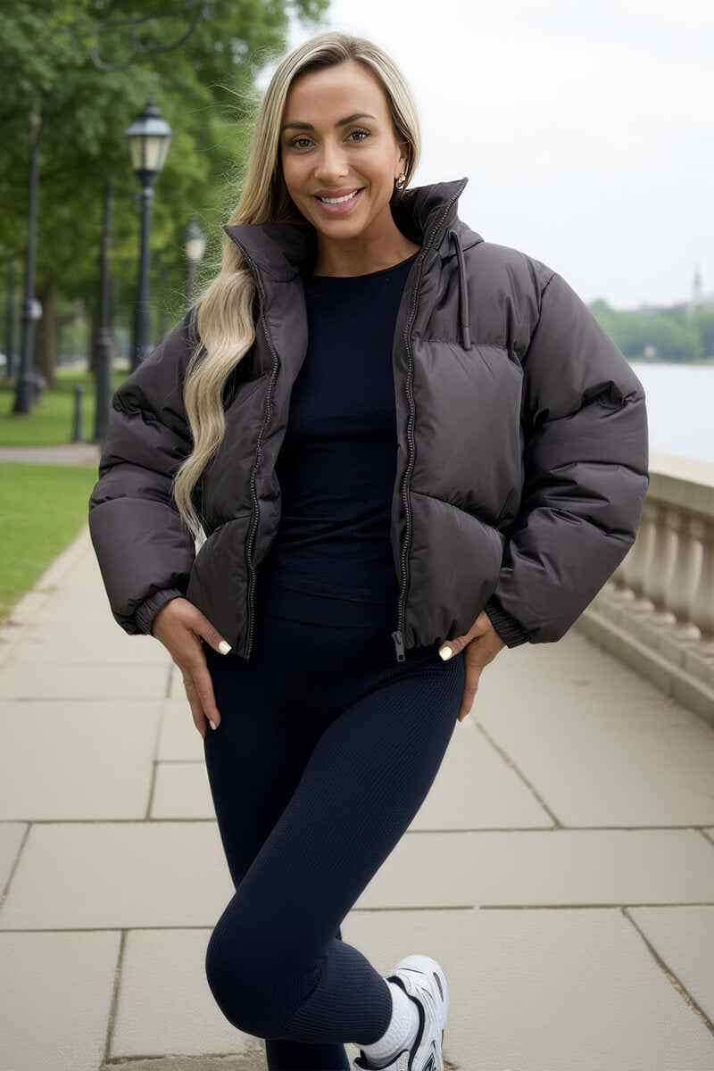Chocolate Drawstring Hood Short Puffer Coat Chocolate Drawstring Hood Short Puffer Coat