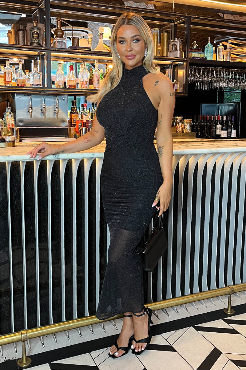 Black Diamante Halter Neck Knot Detail Midi Dress Black Diamante Halter Neck Knot Detail Midi Dress