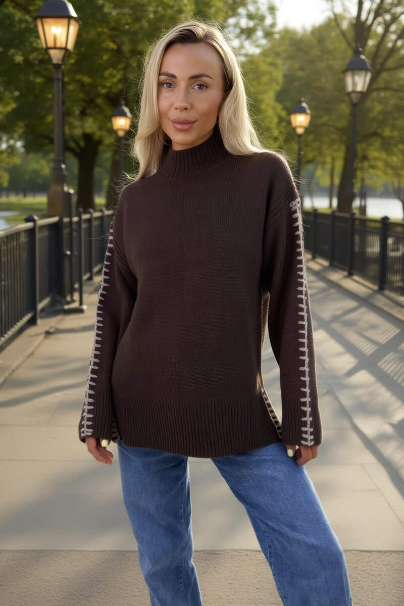 Chocolate Mock Neck Blanket Stitch Detail Jumper
