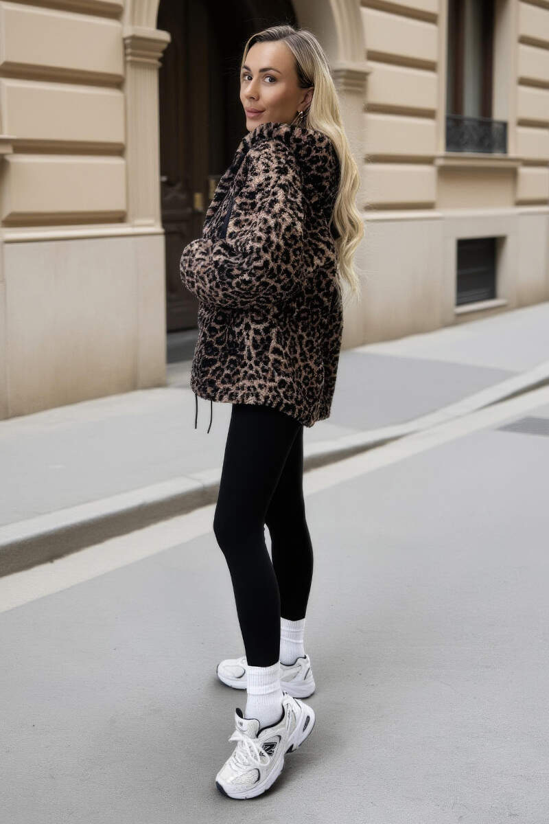 Leopard Print Drawstring Hooded Teddy Jacket Leopard Print Drawstring Hooded Teddy Jacket