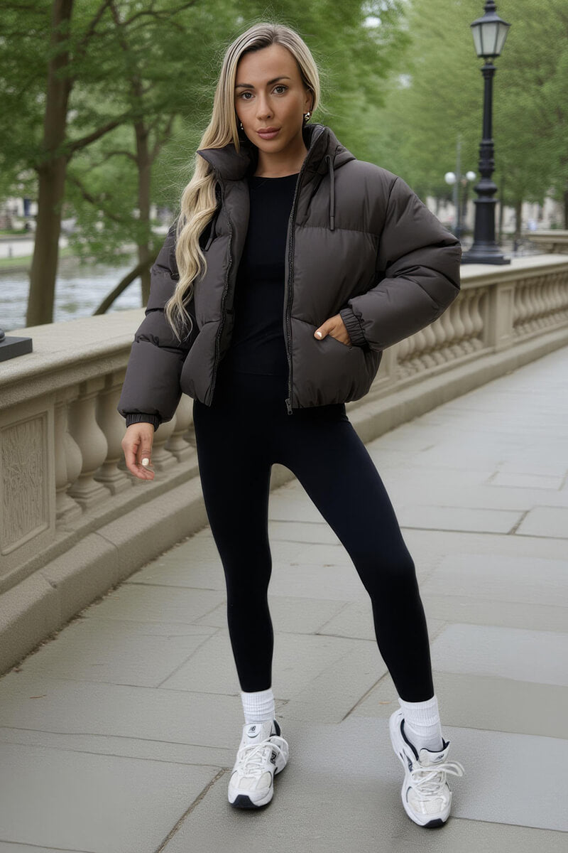 Chocolate Drawstring Hood Short Puffer Coat Chocolate Drawstring Hood Short Puffer Coat