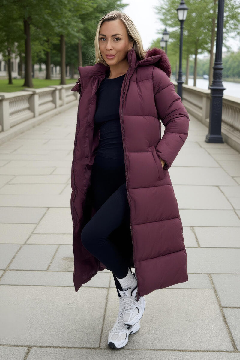 Burgundy Faux Fur Hooded Longline Padded Coat Burgundy Faux Fur Hooded Longline Padded Coat