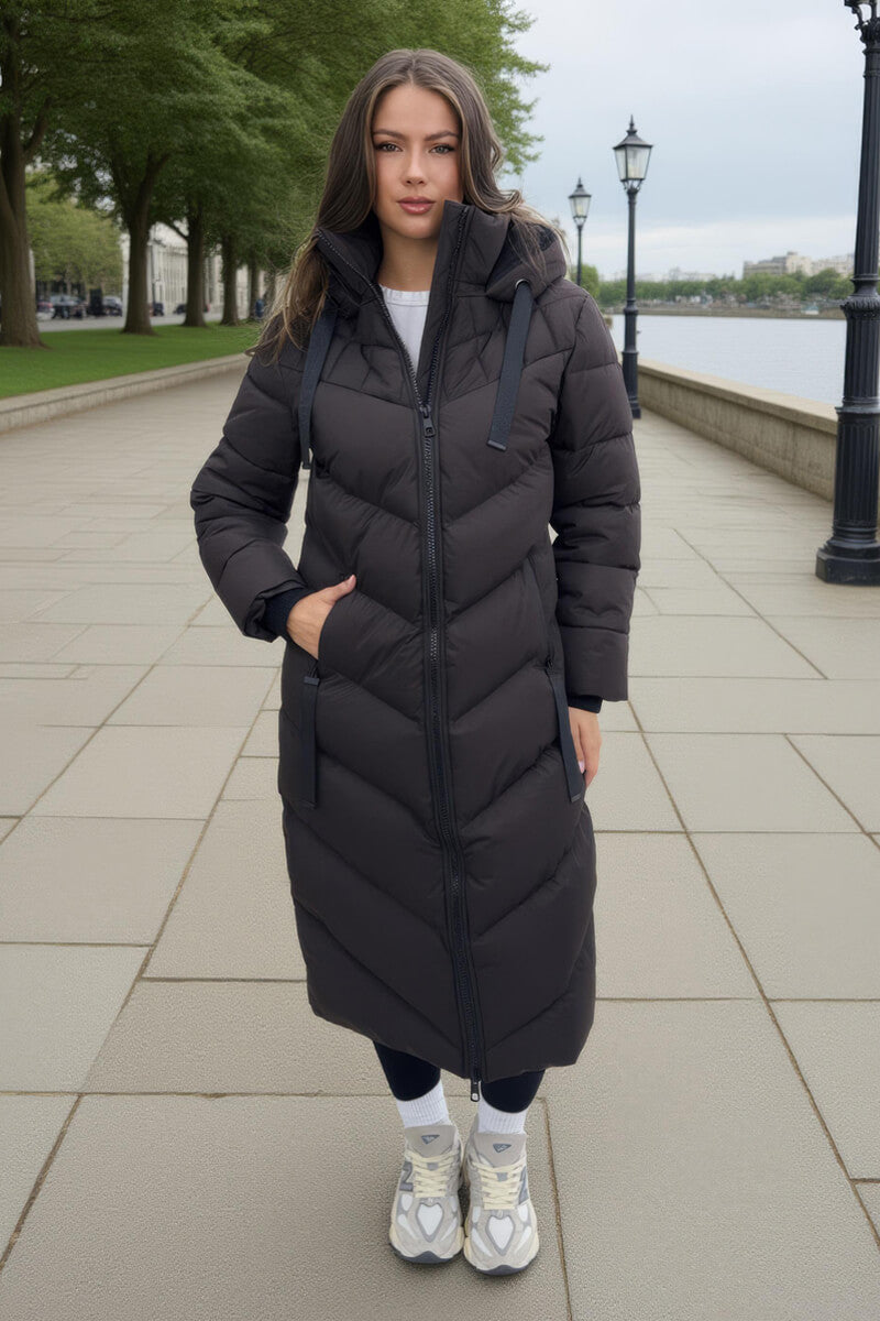 Chocolate Hooded Puffer Coat with Zip Front Pockets Chocolate Hooded Puffer Coat with Zip Front Pockets