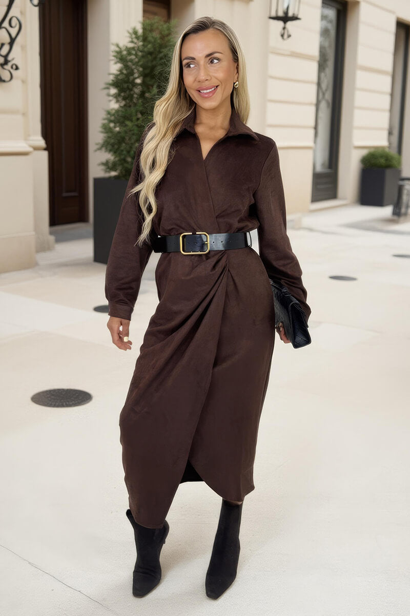 Chocolate Faux Suede Belted Wrap Shirt Midi Dress Chocolate Faux Suede Belted Wrap Shirt Midi Dress