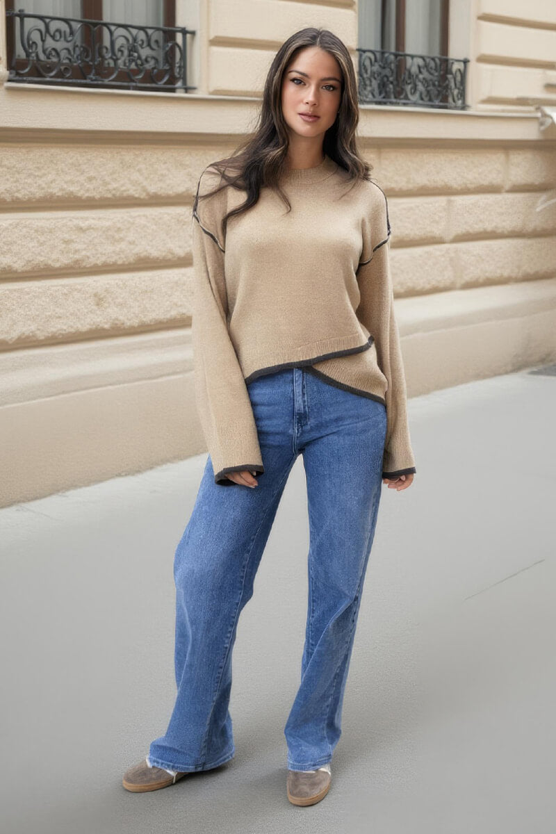 Oatmeal Contrast Piping Crew Neck Jumper Oatmeal Contrast Piping Crew Neck Jumper