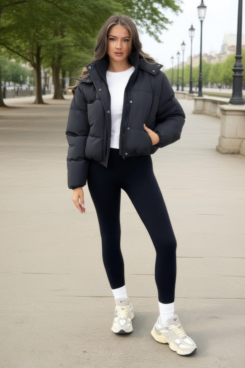 Black Hooded Short Puffer Coat