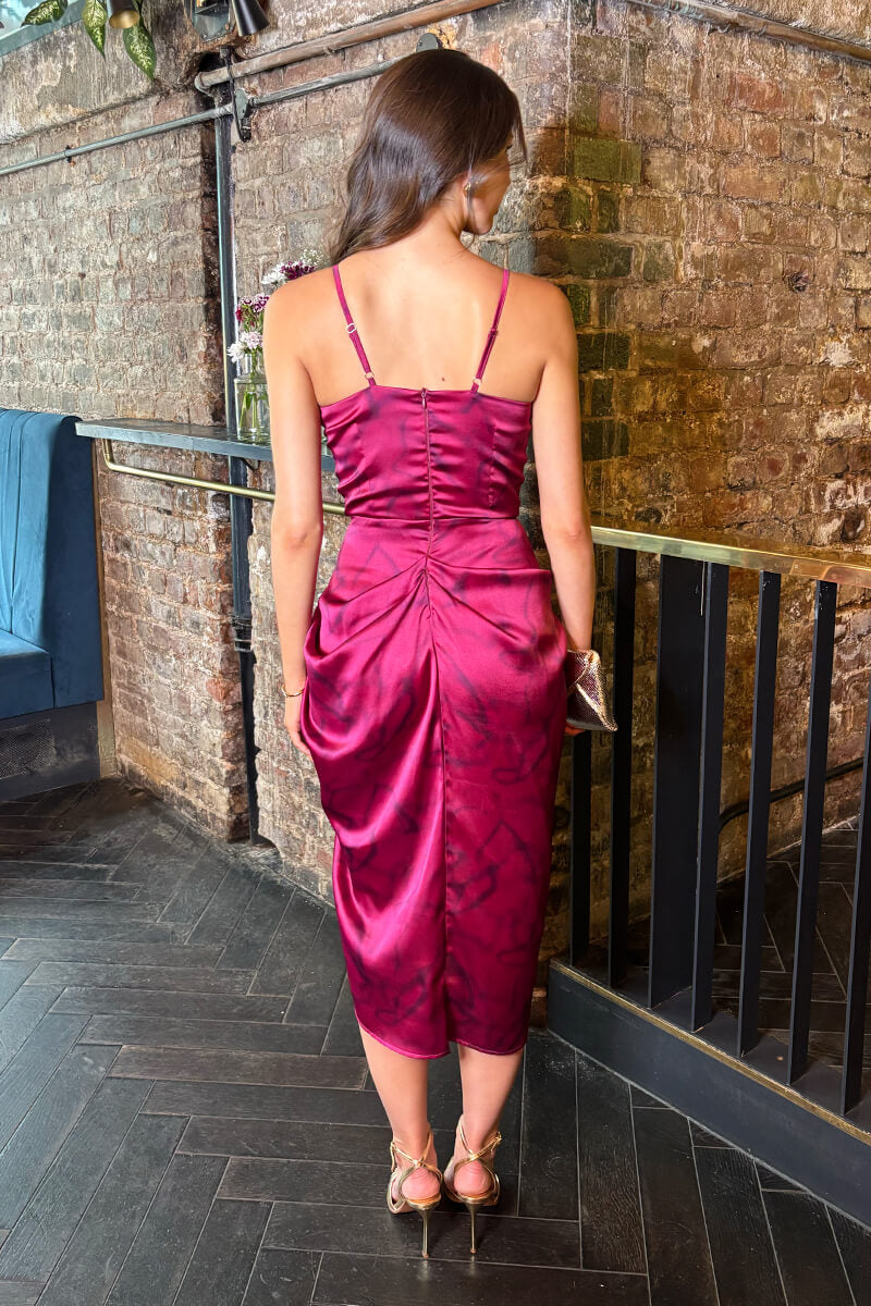 Magenta Marble Print Strappy Cowl Neck Gathered Skirt Midi Dress Magenta Marble Print Strappy Cowl Neck Gathered Skirt Midi Dress