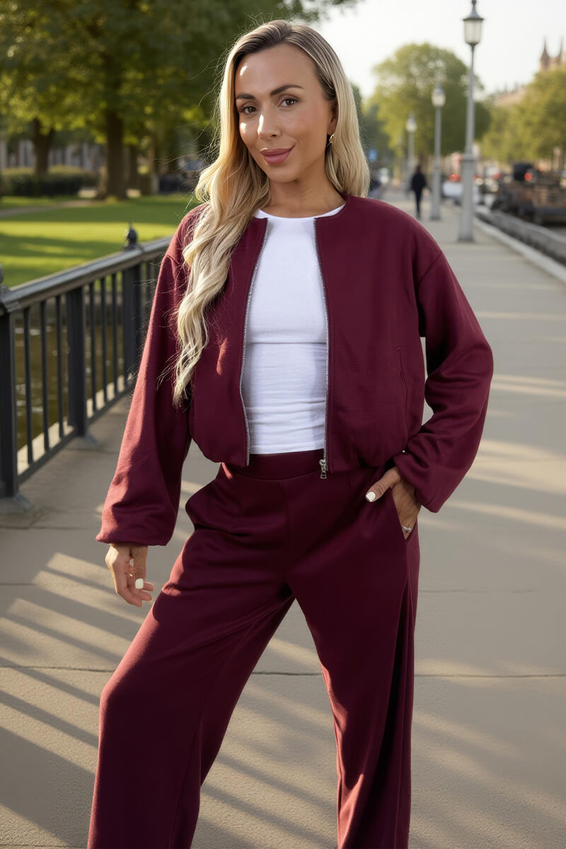Burgundy Bubble Hem Cropped Soft Bomber Jacket Burgundy Bubble Hem Cropped Soft Bomber Jacket