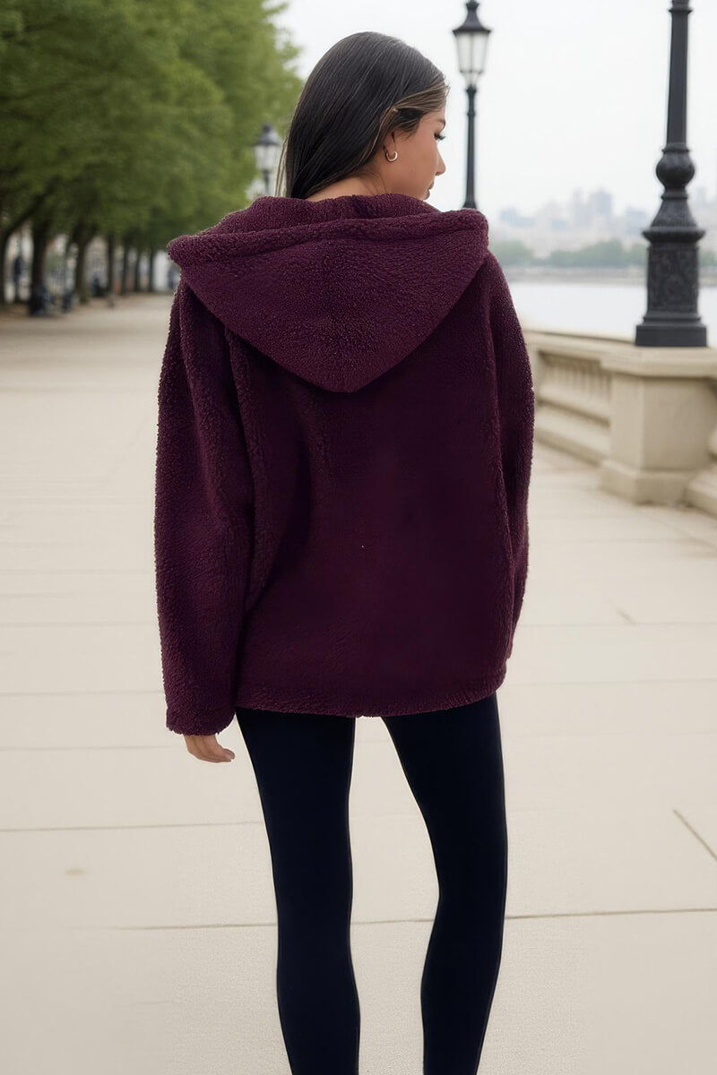 Burgundy Pocket Detail Hooded Teddy Jacket Burgundy Pocket Detail Hooded Teddy Jacket
