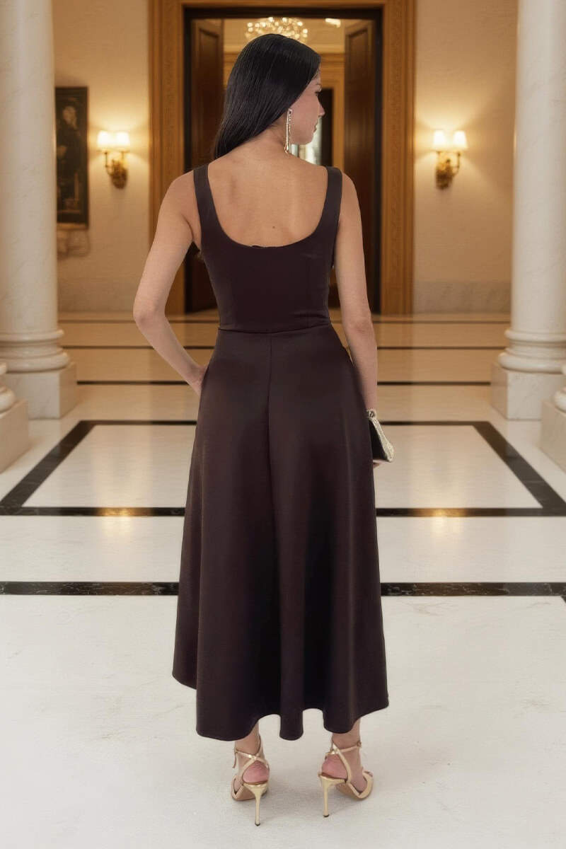 Chocolate Square Neck A-line Midi Dress Chocolate Square Neck A-line Midi Dress