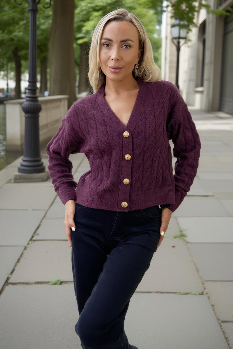 Burgundy Cable Knit Gold Button Cardigan Burgundy Cable Knit Gold Button Cardigan