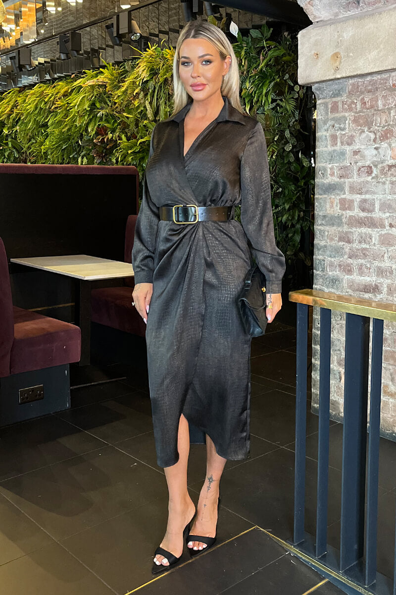 Brown Croc Pattern Wrap Shirt Belted Midi Dress Brown Croc Pattern Wrap Shirt Belted Midi Dress