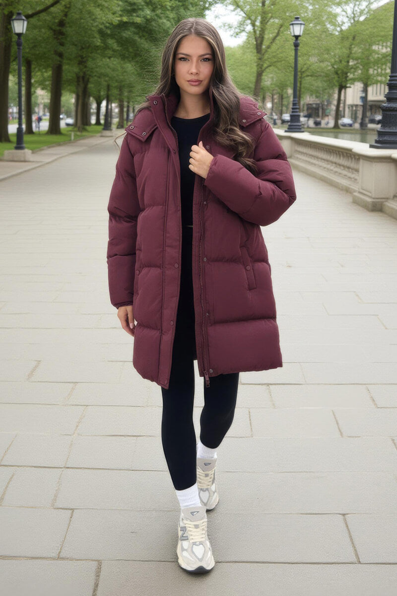 Burgundy Hooded Longline Puffer Coat Burgundy Hooded Longline Puffer Coat