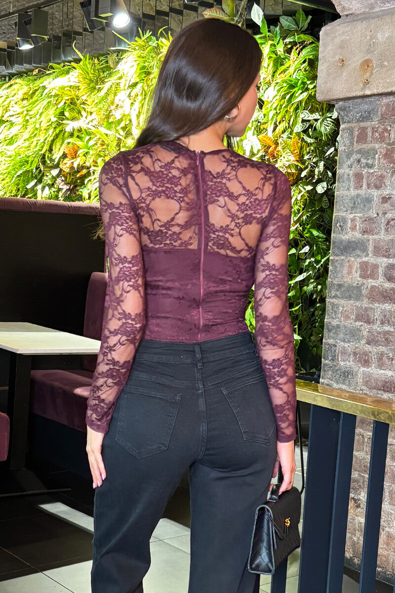 Plum Lace Overlay Long Sleeve Bodysuit Plum Lace Overlay Long Sleeve Bodysuit