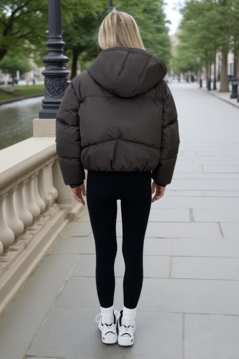 Chocolate Drawstring Hood Short Puffer Coat Chocolate Drawstring Hood Short Puffer Coat