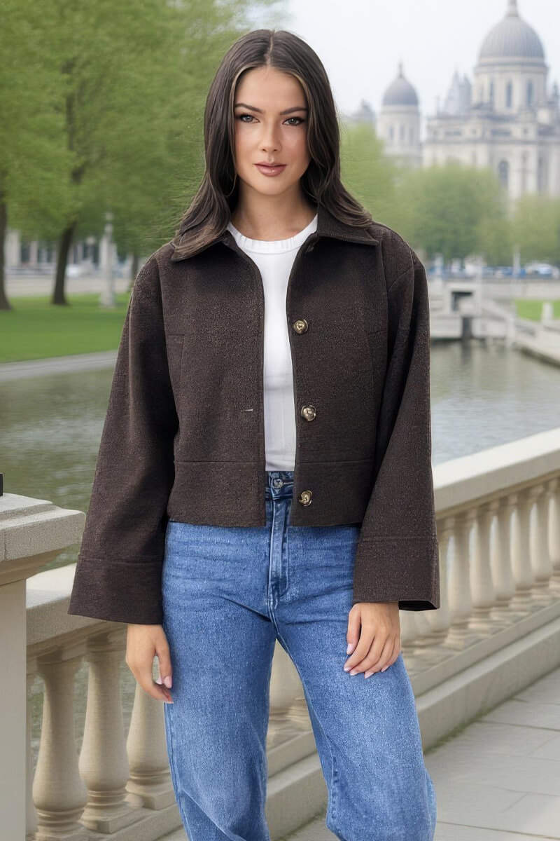 Chocolate Marl Button Front Collared Jacket Chocolate Marl Button Front Collared Jacket