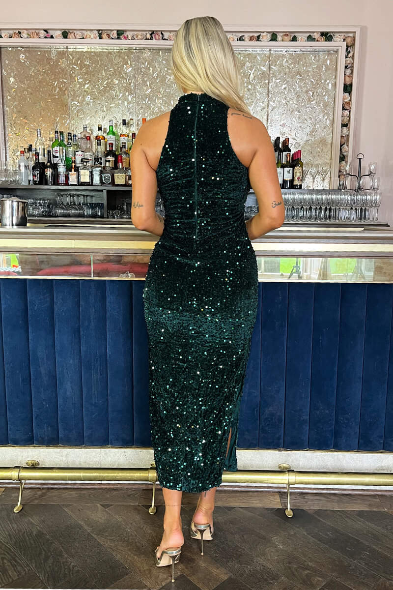 Green Velvet And Sequin Racer Neck Midi Dress Green Velvet And Sequin Racer Neck Midi Dress