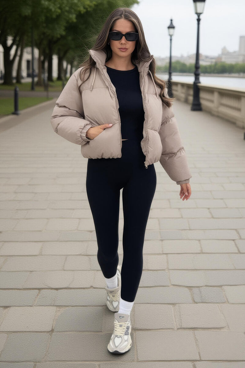Stone Drawstring Hood Short Puffer Coat Stone Drawstring Hood Short Puffer Coat