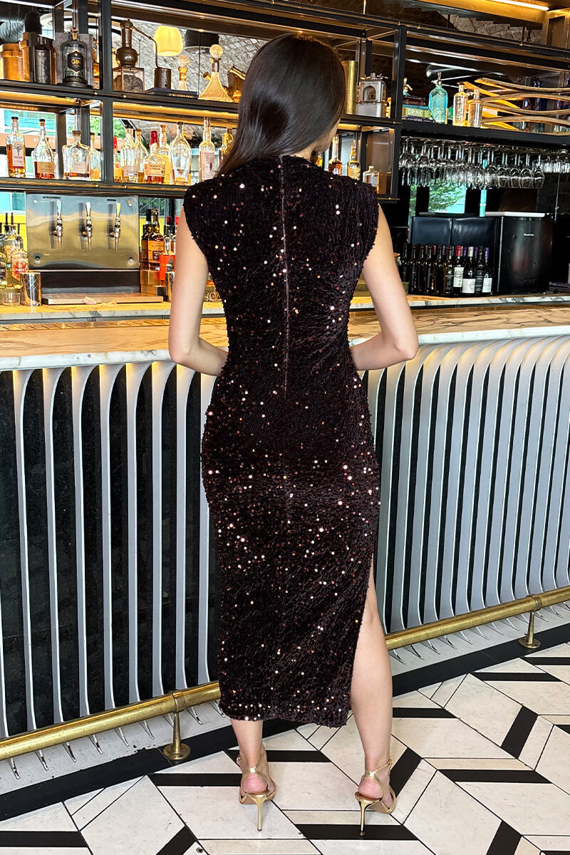 Chocolate Velvet Sequin Round Neck Midi Dress Chocolate Velvet Sequin Round Neck Midi Dress