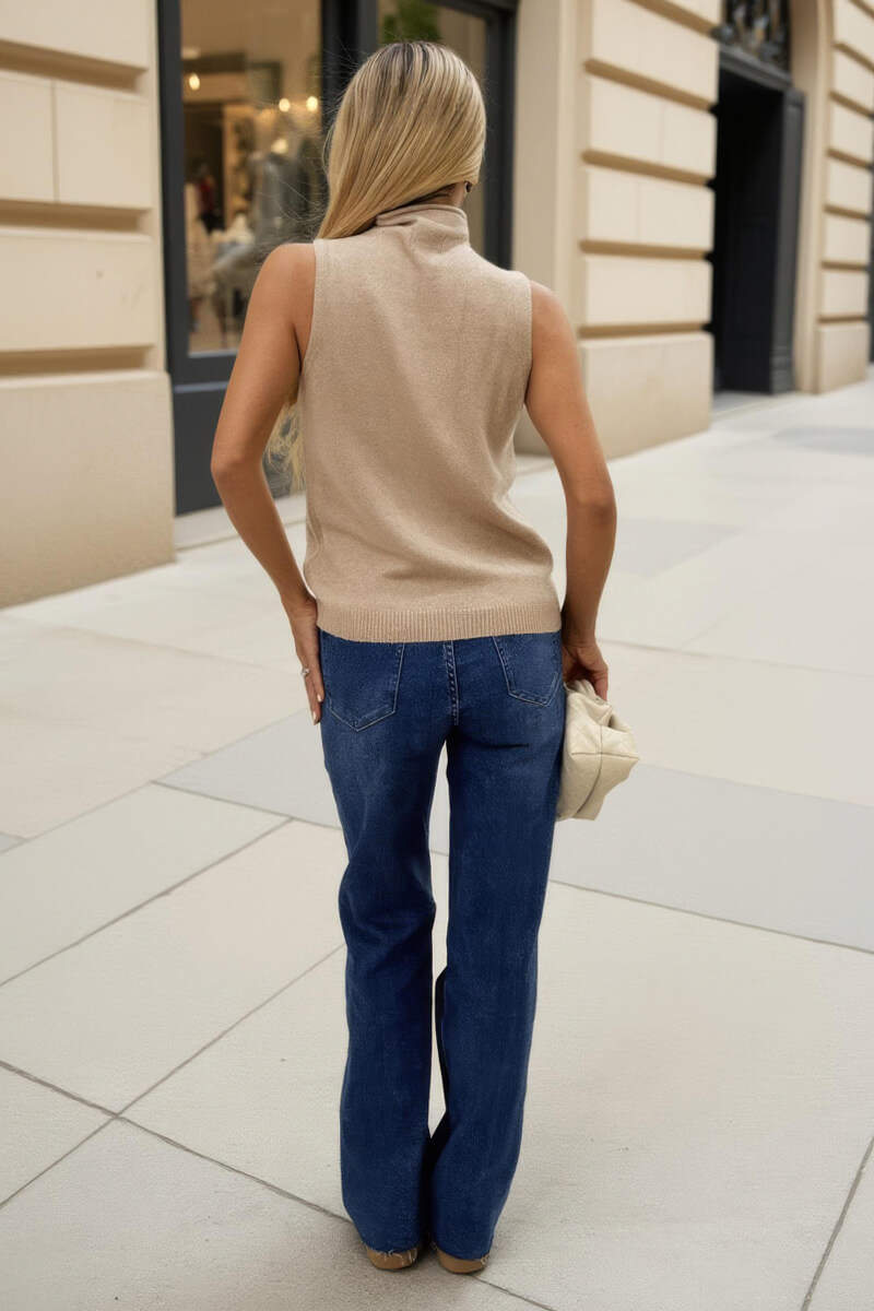 Oatmeal Pearl Embellished High Neck Knit Vest Oatmeal Pearl Embellished High Neck Knit Vest