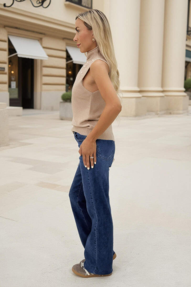 Oatmeal Pearl Embellished High Neck Knit Vest Oatmeal Pearl Embellished High Neck Knit Vest