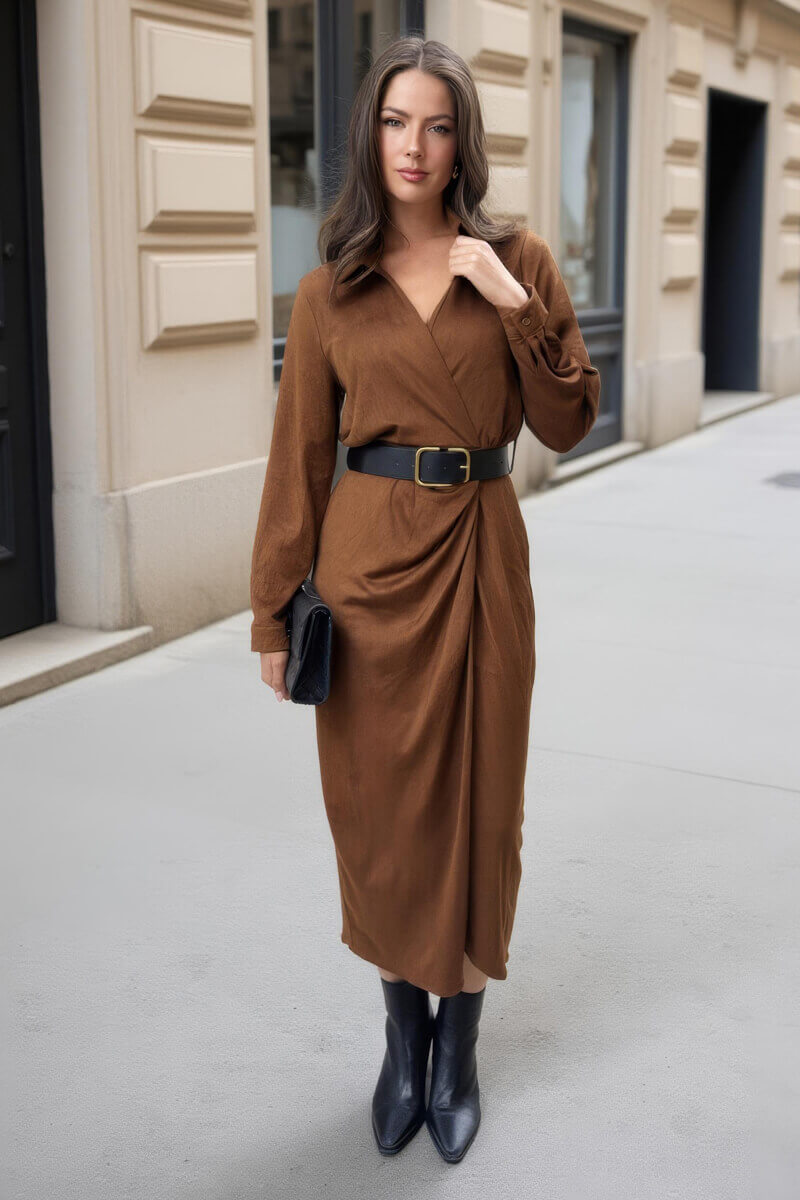 Tan Faux Suede Belted Wrap Shirt Midi Dress Tan Faux Suede Belted Wrap Shirt Midi Dress