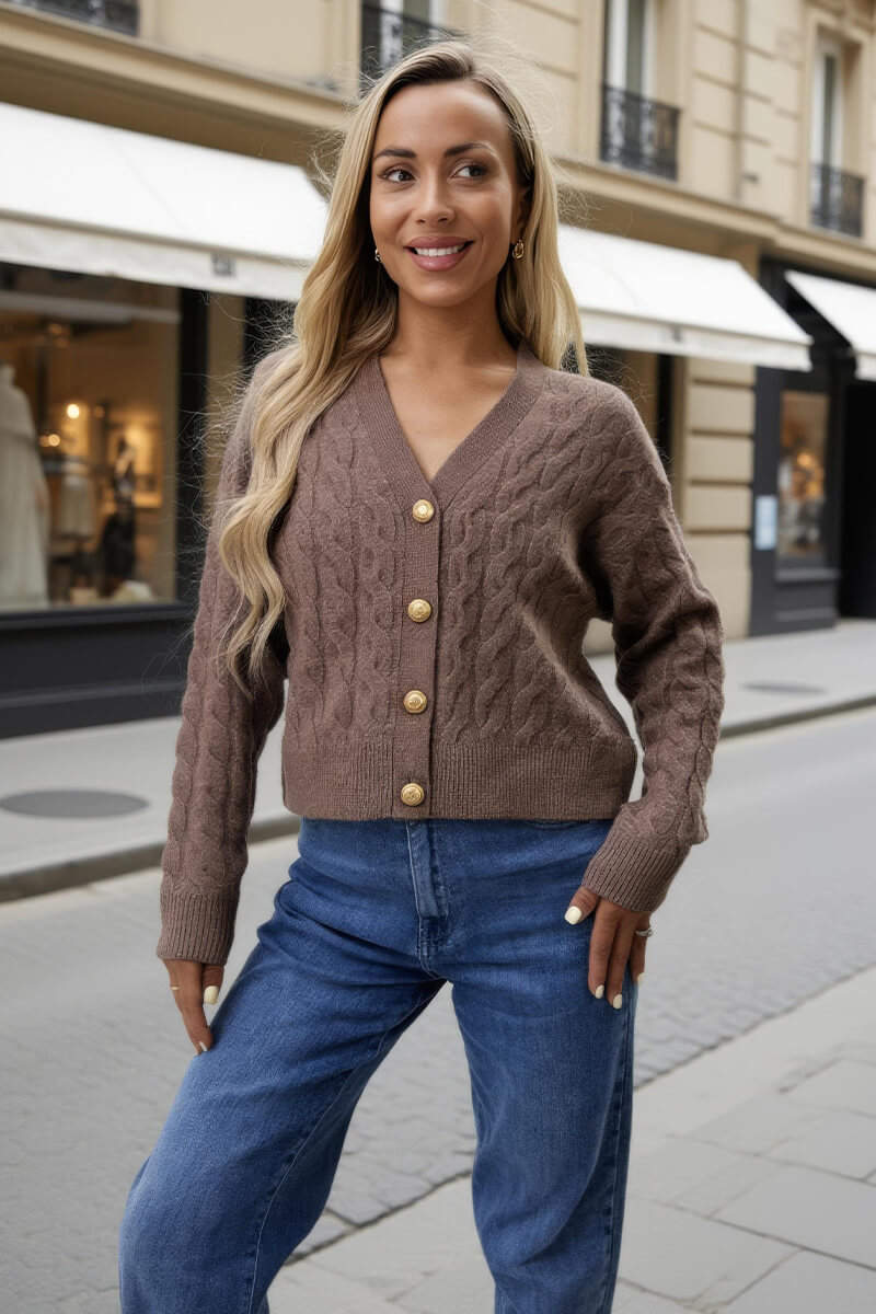 Mink Cable Knit Gold Button Cardigan