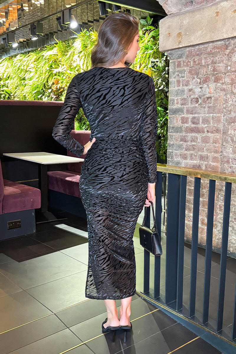 Black Velvet Zebra Striped Overlay Long Sleeve Midi Dress Black Velvet Zebra Striped Overlay Long Sleeve Midi Dress