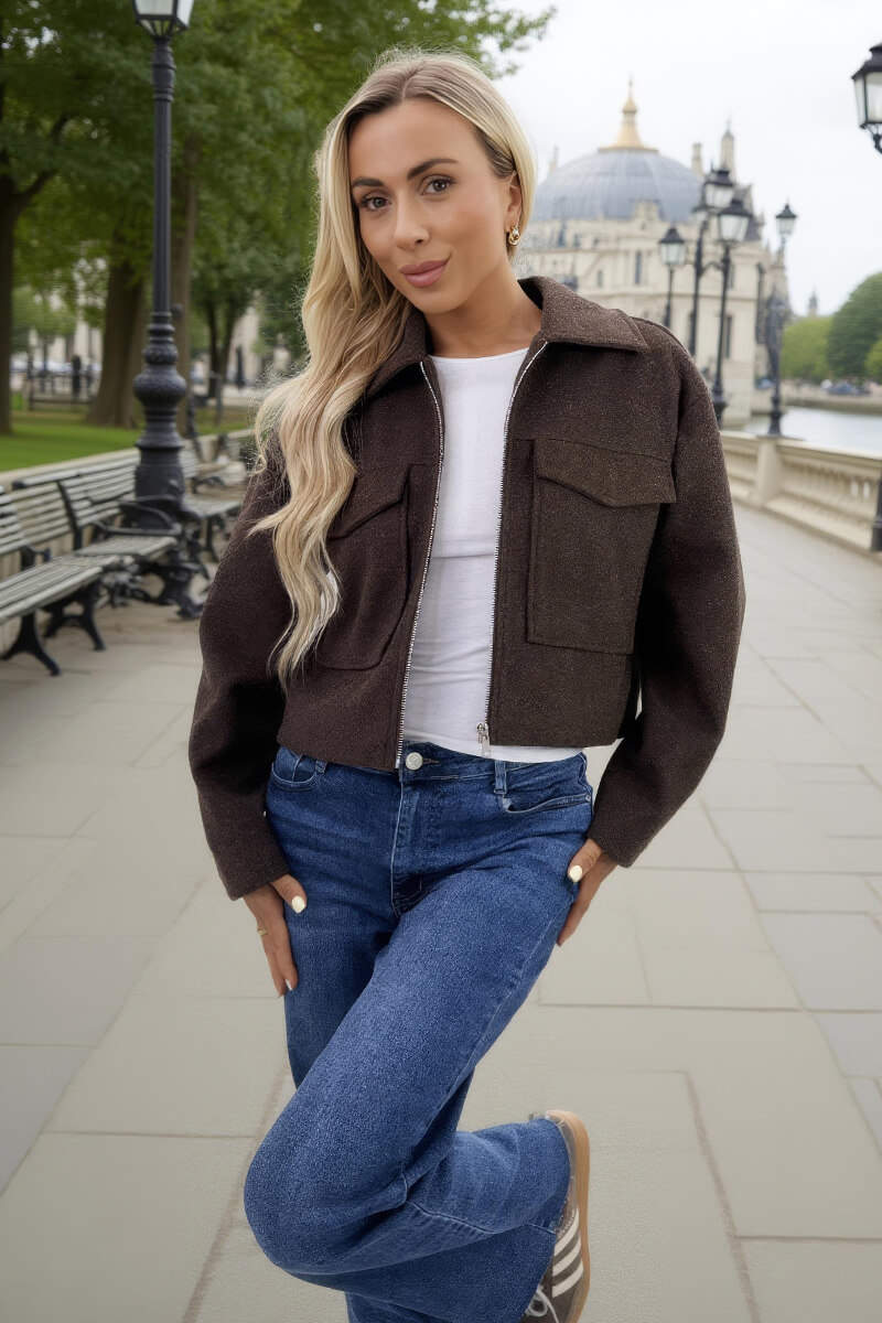 Chocolate Marl Zip Up Pocket Detail Boxy Jacket Chocolate Marl Zip Up Pocket Detail Boxy Jacket