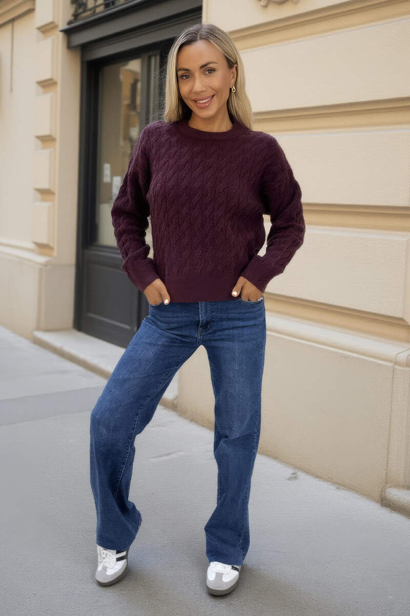 Burgundy Round Neck Cable Knit Jumper Burgundy Round Neck Cable Knit Jumper