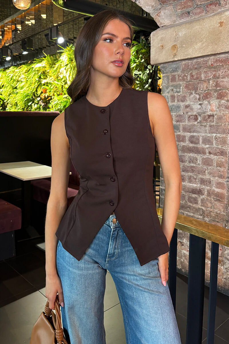 Chocolate Button Front Longline Waistcoat Chocolate Button Front Longline Waistcoat