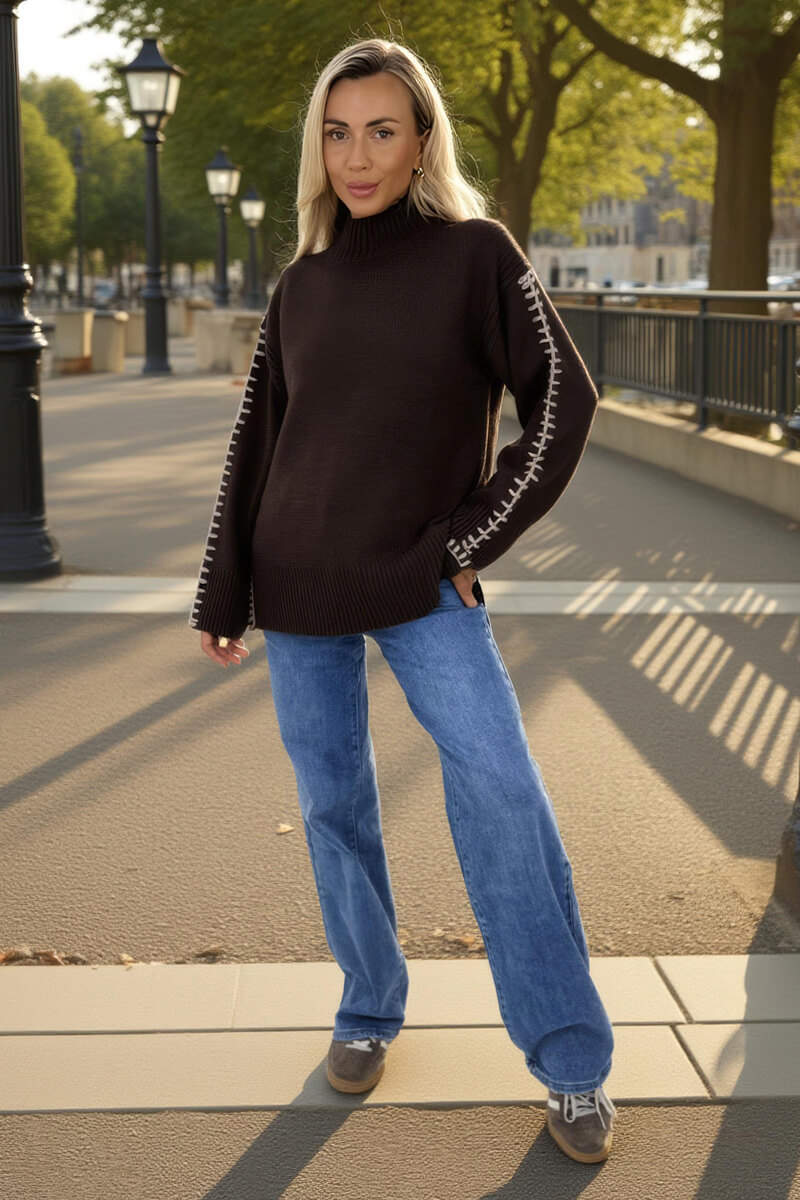 Chocolate Mock Neck Blanket Stitch Detail Jumper Chocolate Mock Neck Blanket Stitch Detail Jumper