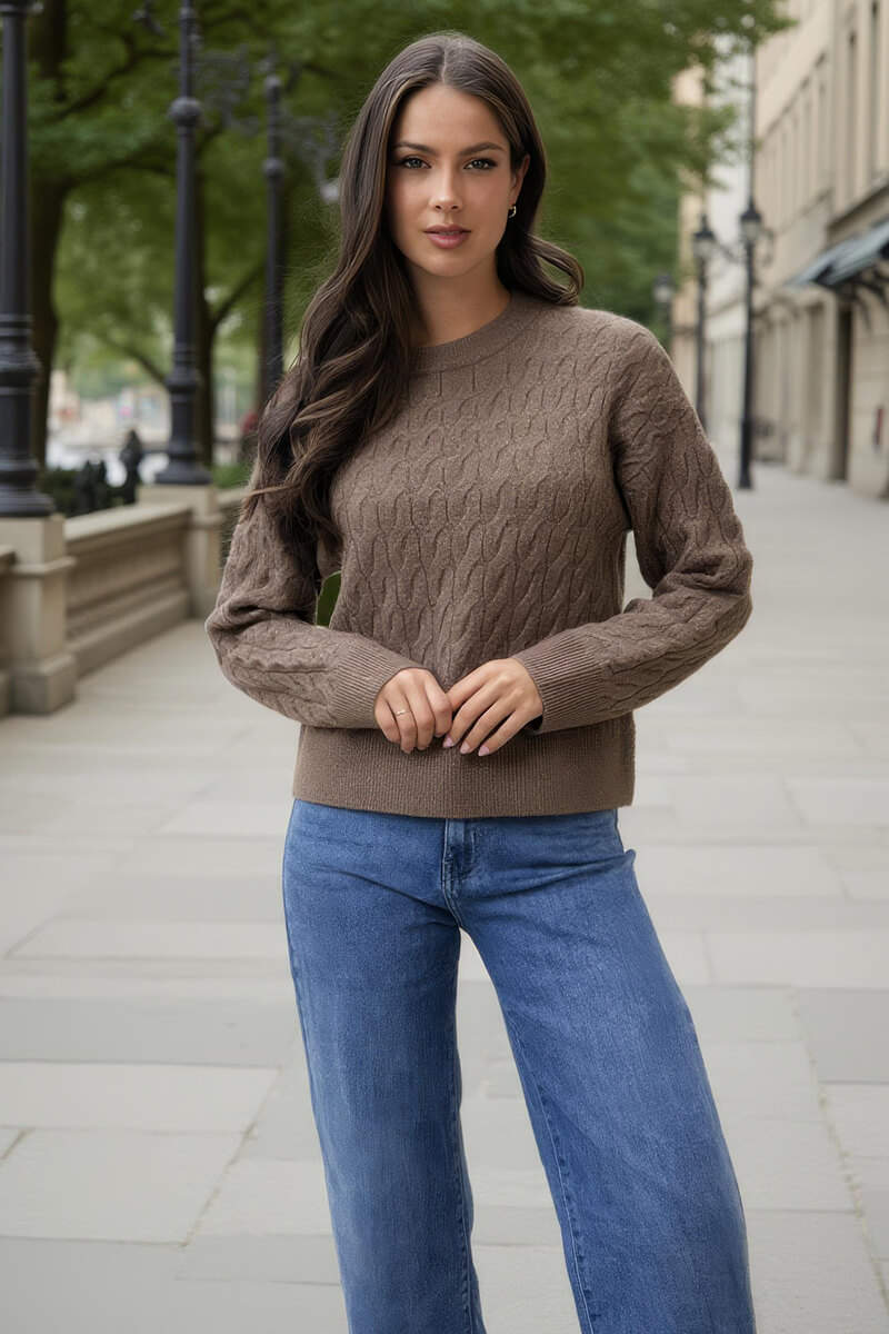 Mink Round Neck Cable Knit Jumper Mink Round Neck Cable Knit Jumper