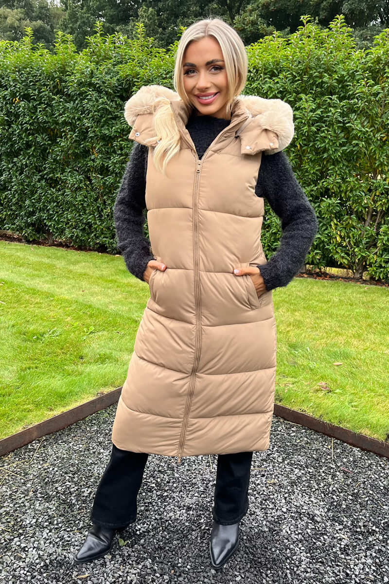 Biscuit Faux Fur Hooded Longline Padded Gilet Biscuit Faux Fur Hooded Longline Padded Gilet