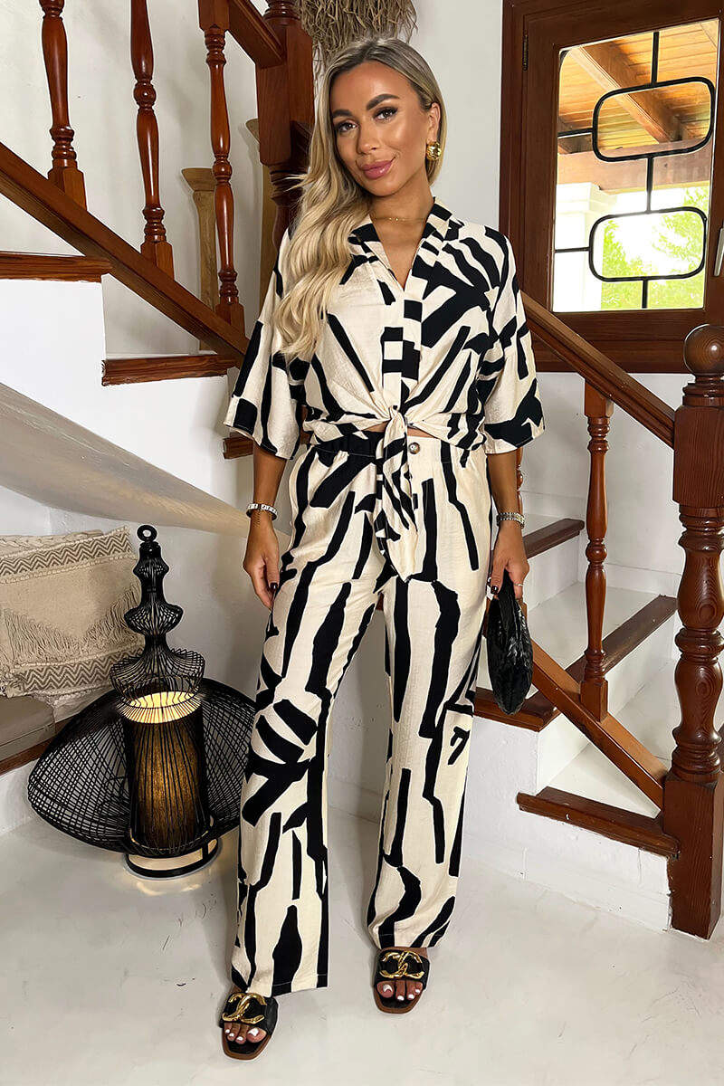 Cream And Black Abstract Print Wide Leg Trousers Cream And Black Abstract Print Wide Leg Trousers