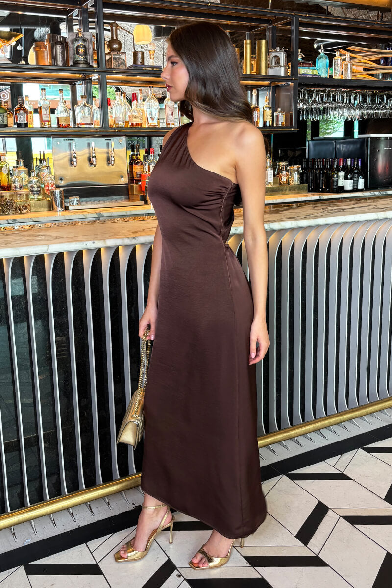 Chocolate One Shoulder Open Back Twist Detail Midi Dress