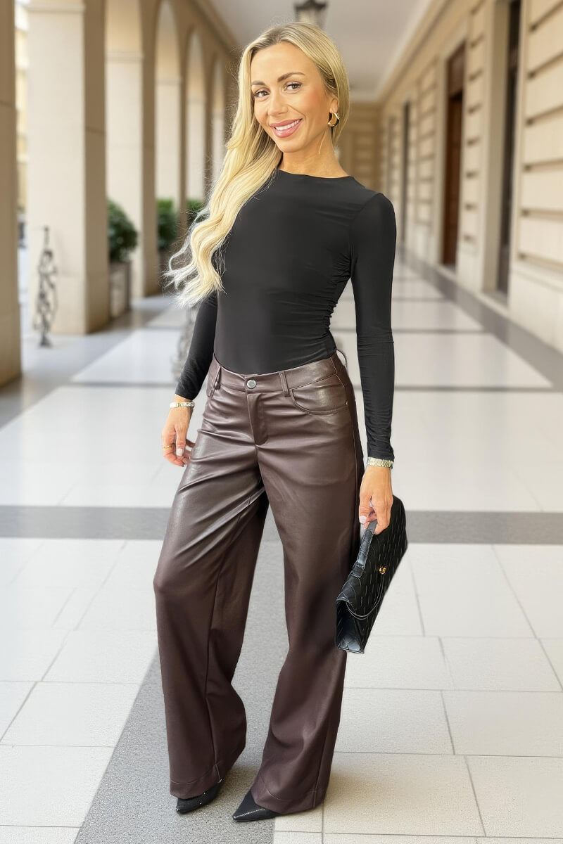 Chocolate Faux Leather Wide Leg Trousers Chocolate Faux Leather Wide Leg Trousers