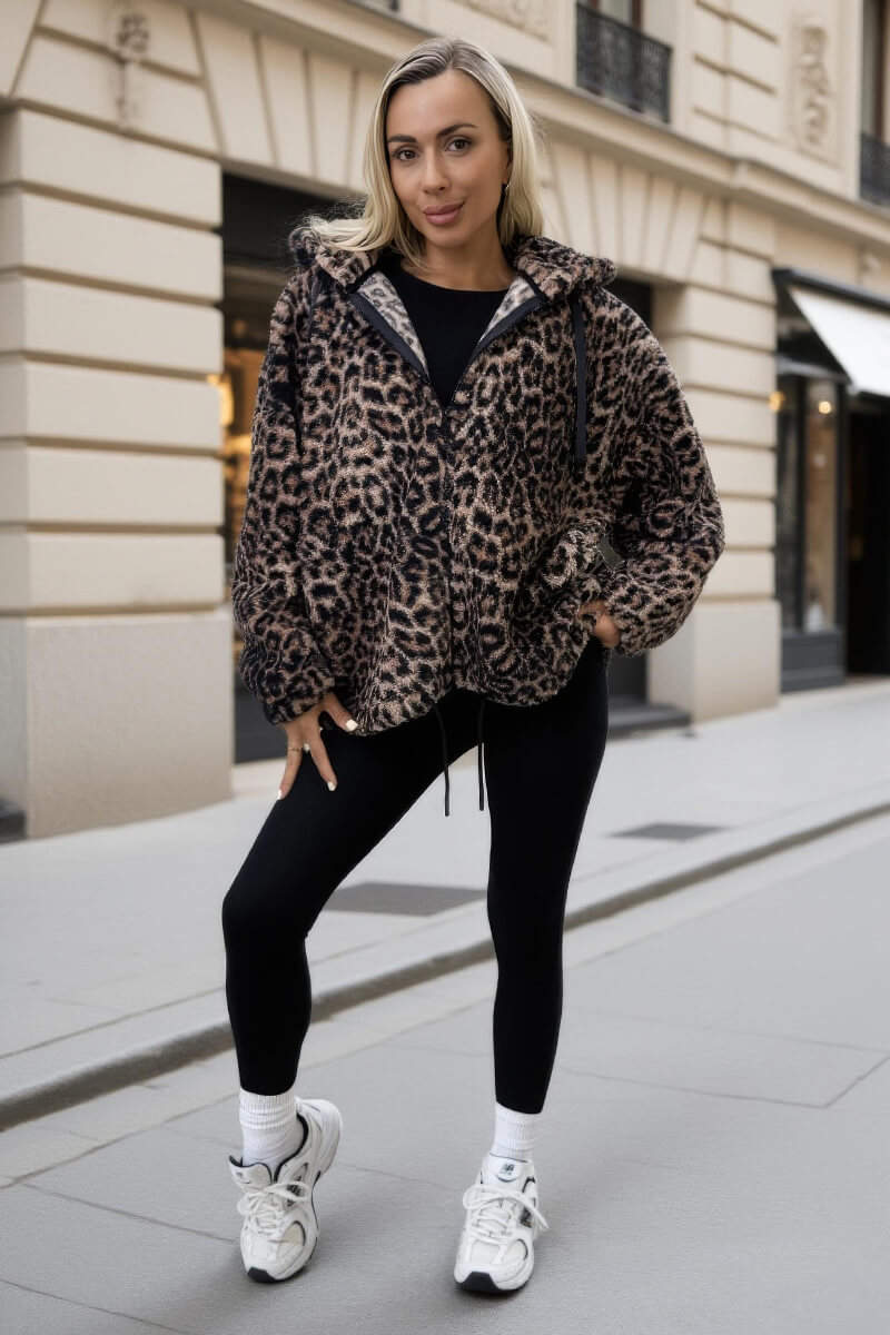 Leopard Print Drawstring Hooded Teddy Jacket Leopard Print Drawstring Hooded Teddy Jacket