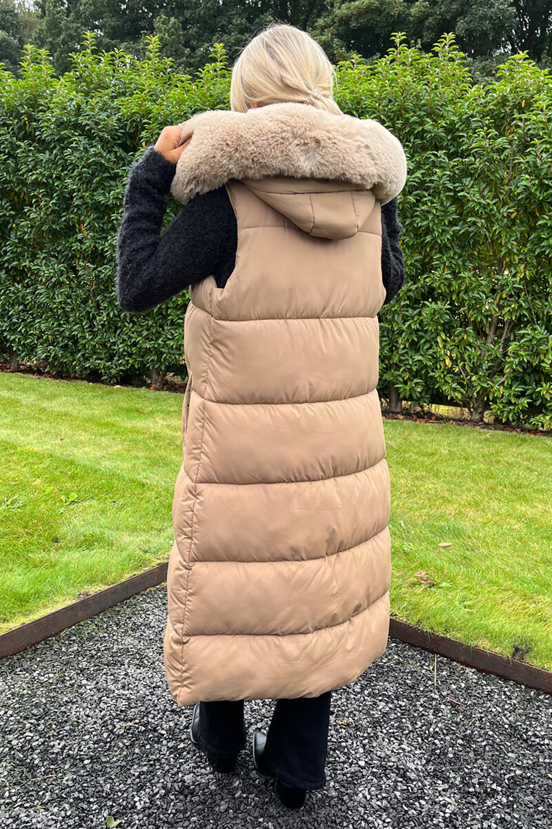 Biscuit Faux Fur Hooded Longline Padded Gilet Biscuit Faux Fur Hooded Longline Padded Gilet