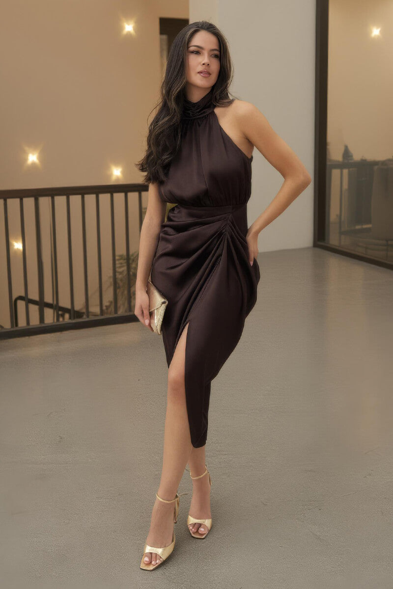 Chocolate Halter Neck Gathered Skirt Midi Dress