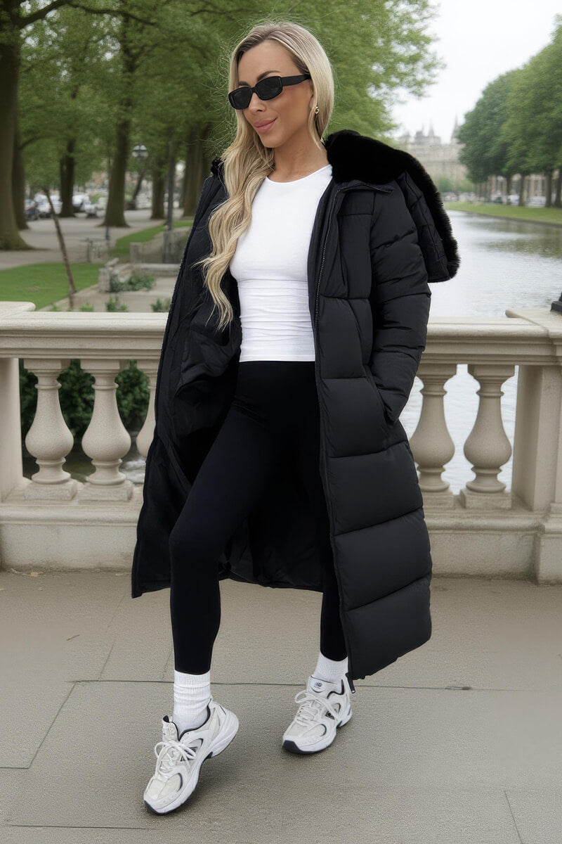 Black Split Hood Longline Puffer Coat Black Split Hood Longline Puffer Coat