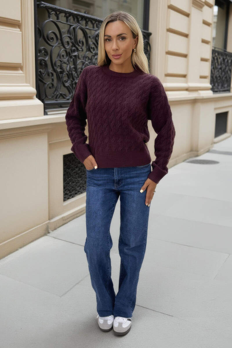 Burgundy Round Neck Cable Knit Jumper Burgundy Round Neck Cable Knit Jumper