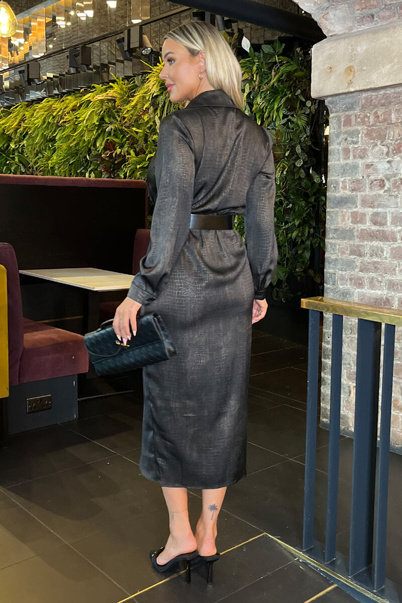Brown Croc Pattern Wrap Shirt Belted Midi Dress Brown Croc Pattern Wrap Shirt Belted Midi Dress